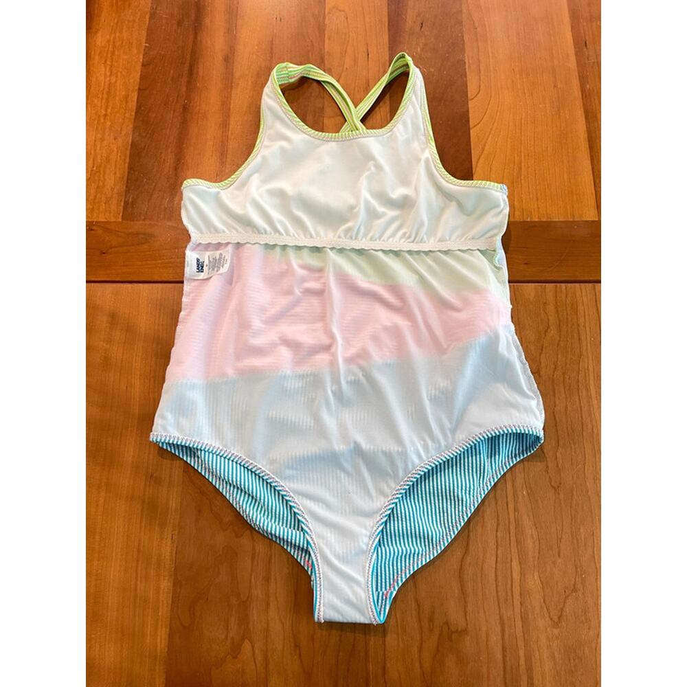 Lands End Girls One Piece Swimsuit Size 16 Colorblock Seersucker Stripe Swimwear - Picture 7 of 10